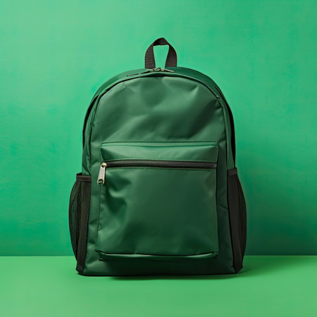 Green backpack on Green background, ai generativeの素材