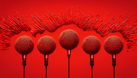 Retro microphone on red background. Ai generativeの素材