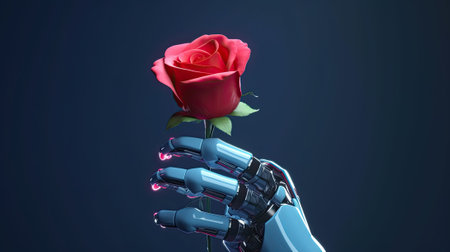 Silver metal robot arm reaches out to red rose flower. Conceptual photo on artificial intelligence. Ai generativeの素材