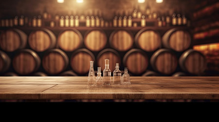 Wooden table with Wine barrels in wine-vaults in order on background, ai generative. Mock upの素材