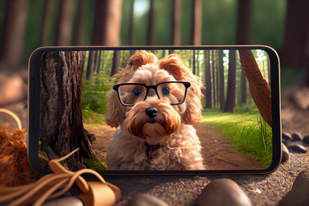 camping in forest with hipster dog. selfie photo, mobile phone camera ai generativeの素材