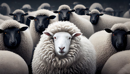 the white wheep sheep in the group, one white faced sheep in a group of black sheep, herd. Ai generativeの素材