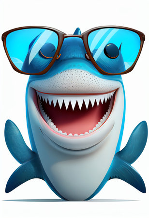 Happy positive Shark with widely opened mouth on vacation. Cartoon style. Generative ai.の素材