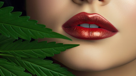 CBD cosmetics concept. Beautiful woman with a cannabis leaf on gray background. Ai generativeの素材