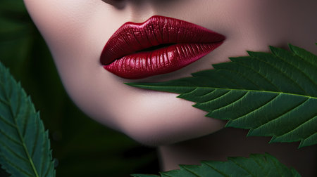CBD cosmetics concept. Beautiful woman with a cannabis leaf on gray background. Ai generativeの素材