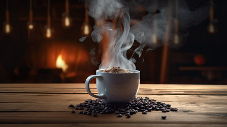 Coffee cup and coffee beans on wooden background, ai generativeの素材