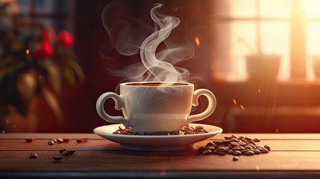 Coffee cup and coffee beans on wooden background, ai generativeの素材