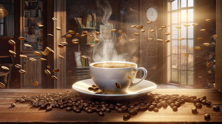 Coffee cup and coffee beans on wooden background, ai generativeの素材