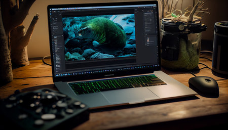 Home work place with laptop, and blooming brunch in vase on windowsill near window on sunset or sunrise. Freelance, working from home, online learning, home office. Ai generativeの素材