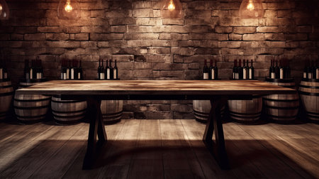 Wooden table with Wine barrels in wine-vaults in order on background, ai generative. Mock upの素材