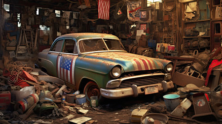Cars in junkyard, pressed and packed for recycling. Ai generativeの素材
