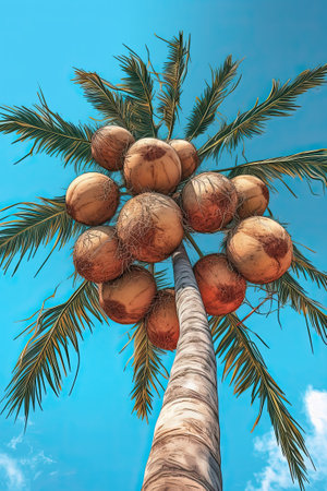 Palm full of coconuts on blue sky background, ai generativeの素材
