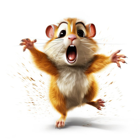 Hamster pet with open mouth running fast on the withe background. Cute gray rodent isolated. Ai generativeの素材