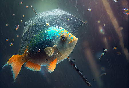 Fish under an umbrella. Cartoon illustration. Coloring. Ai generative.の素材