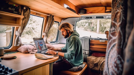 Young man working on computer remotely in van, digital nomad, ai generativeの素材