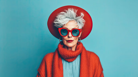 Portrait of mature woman in hipster outfit on color background, ai generativeの素材