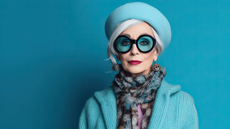 Portrait of mature woman in hipster outfit on color background, ai generativeの素材