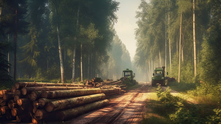 timber carrier, Log stacks along forest road, ai generativeの素材