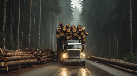 timber carrier, Log stacks along forest road, ai generativeの素材