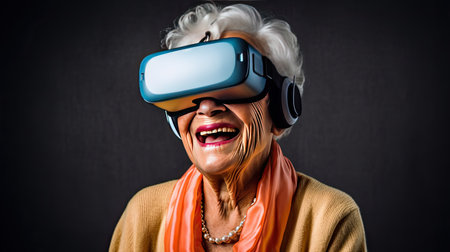 Portrait of a senior woman with VR goggles in a studio. Ai generativeの素材