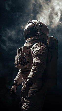 Astronaut in open space on orbit of Earth planet. Shadow of night and lights on planet. Earth and spaceman. Sun light on background. Ai generativeの素材