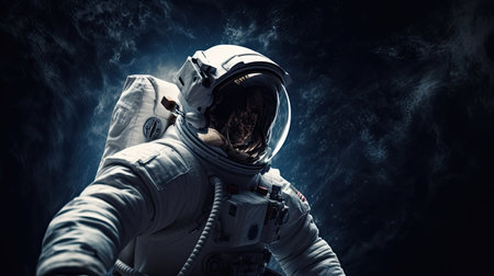 Astronaut in open space on orbit of Earth planet. Shadow of night and lights on planet. Earth and spaceman. Sun light on background. Ai generativeの素材