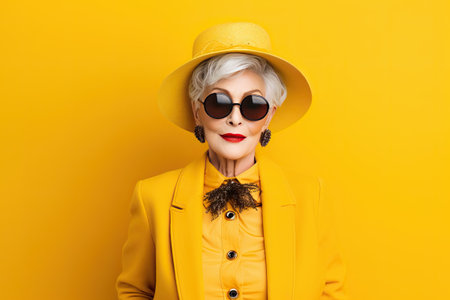 Happy elegant mature senior business woman laughing standing isolated on yellow background. Smiling confident hipster 60s lady with dental white smile looking at camera. Ai generativeの写真素材