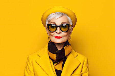 Happy elegant mature senior business woman laughing standing isolated on yellow background. Smiling confident hipster 60s lady with dental white smile looking at camera. Ai generativeの写真素材