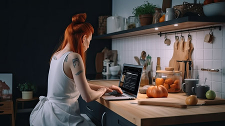 Working from home. Young woman using laptop and Internet. Freelancer workplace at kitchen table. Distance learning, self isolation, remote business, shopping online. Lifestyle moment Ai generativeの素材