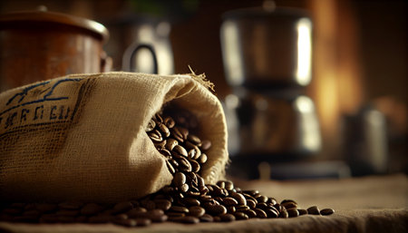 Coffee bag - coffee beans in canvas coffee sack in wooden kitchen interior. Ai generativeの素材