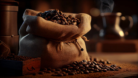 Coffee bag - coffee beans in canvas coffee sack in wooden kitchen interior. Ai generativeの素材
