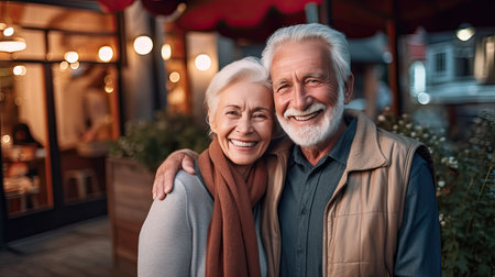 Happy senior couple in autumn park, ai generativeの素材