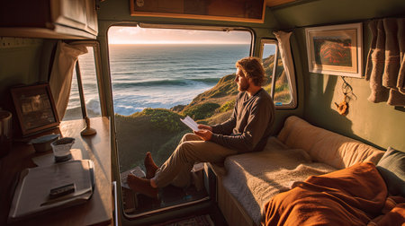 Mature man working on laptop computer inside camper van with nature outdoors view outside window. Concept of freedom and vanlife lifestyle. Smart remote working online, ai generativeの素材