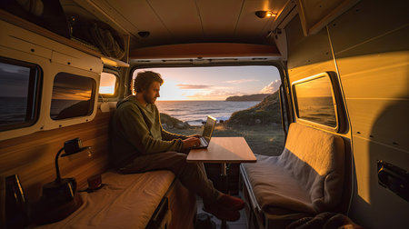 Mature man working on laptop computer inside camper van with nature outdoors view outside window. Concept of freedom and vanlife lifestyle. Smart remote working online, ai generativeの素材