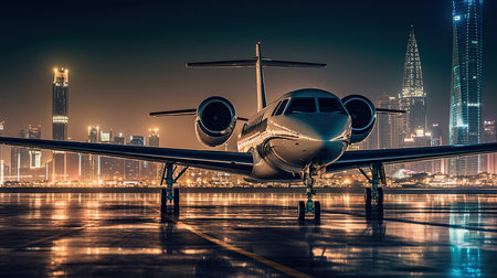 Scenic front view modern luxury expensive private jet plane parked airport taxiway hangar warm colorful dramatic evening warm sunset sun light sky background. Ai generativeの素材