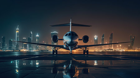 Scenic front view modern luxury expensive private jet plane parked airport taxiway hangar warm colorful dramatic evening warm sunset sun light sky background. Ai generativeの素材