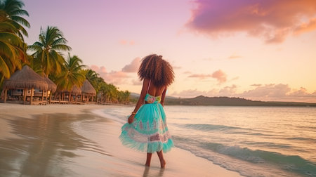 stylish girl in blue dress is standing with flying hair from wind at sunset on beach and sea. Ai gnerativeの素材