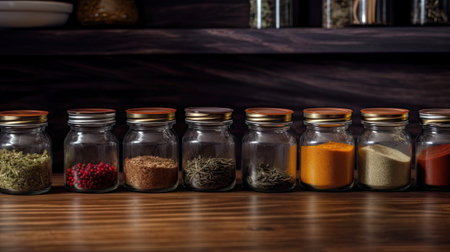 Assorted ground spices in bottles on wooden background. Ai generativeの素材