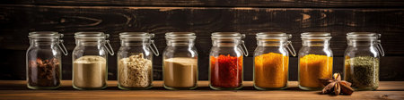 Assorted ground spices in bottles on wooden background. Ai generativeの素材