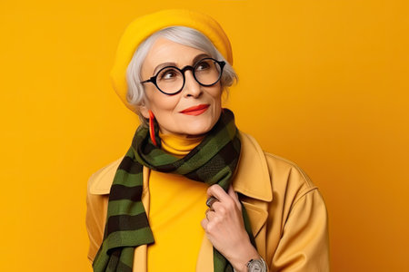 close up and potrait of 60 yo mature hipster man smiling and looking at the camera with Yellow wall at the background - active senior concept and lifestyle. Ai generativeの素材