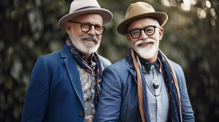 Two senior men talking to each other in park, ai generativeの素材