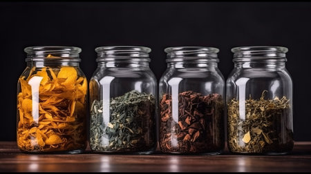Glass jars with different spices in row on kitchen worktop closeup, AI GENERATIVEの素材