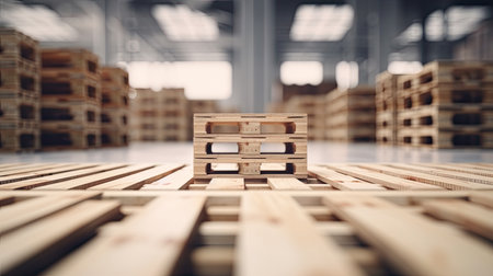 Wooden pallets stacked in a warehouse closeup, ai generativeの素材