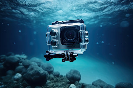 Action camera in waterproof case under water, ai generativeの素材