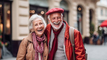 Happy senior couple city, ai generative. Travel conceptの素材