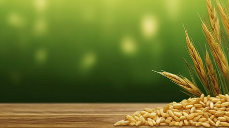 Ear of rice. Close-up to rice seeds in ear of paddy. Beautiful golden rice field and ear of rice. Copy space Ai generativeの素材