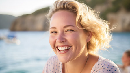 Portrait of young plus size woman against the backdrop of yachts and the sea. Ai generativeの素材