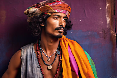 High Fashion Indian model man in colorful bright lights posing in studio, portrait of beautiful sexy male with trendy wear. Art design, colorful make up. Ai generativeの素材