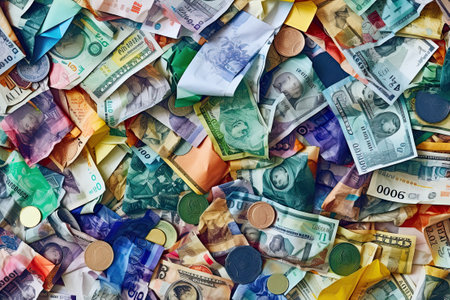 Unreal, ai generative World money collection of different countries as background.の素材