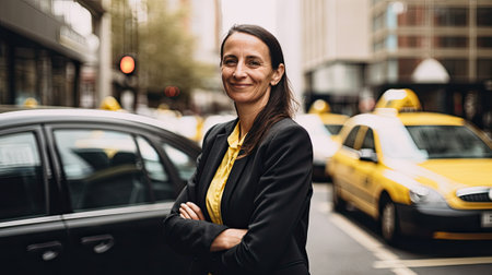 porait of a proud female taxi driver with her new cab, ai generativeの素材